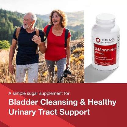 Couple hiking outdoors with a supplement bottle labeled 'D-Mannose' on a red and white background.