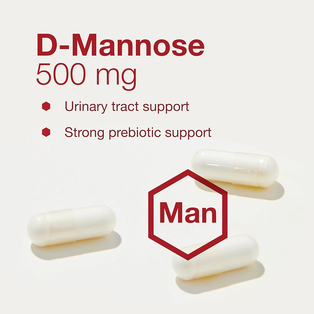 D-Mannose supplement capsules with text on a white background