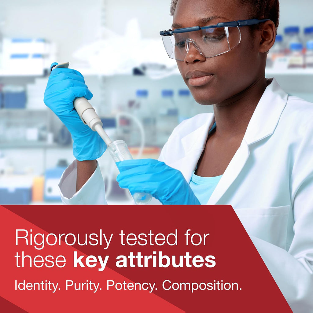 Person in a lab setting with text about rigorous testing attributes.