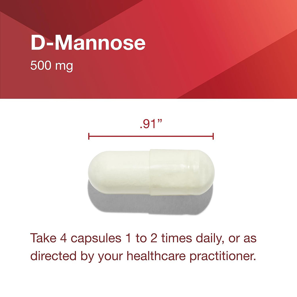 Capsule labeled D-Mannose 500 mg with measurement and usage instructions on a red and white background