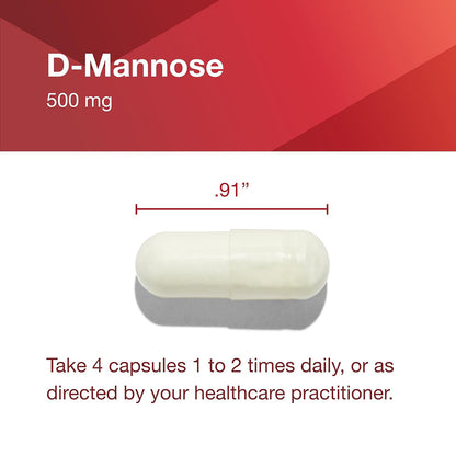 Capsule labeled D-Mannose 500 mg with measurement and usage instructions on a red and white background