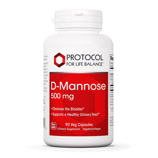 Supplement bottle labeled 'D-Mannose 500 mg' by Protocol for Life Balance on a white background