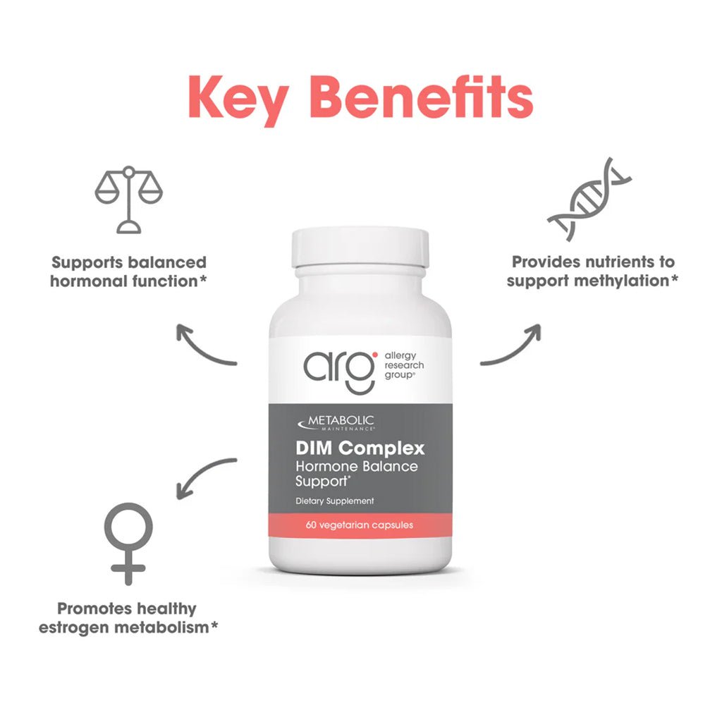 Supplement bottle labeled 'DIM Complex Hormone Balance Support' with key benefits on a white background