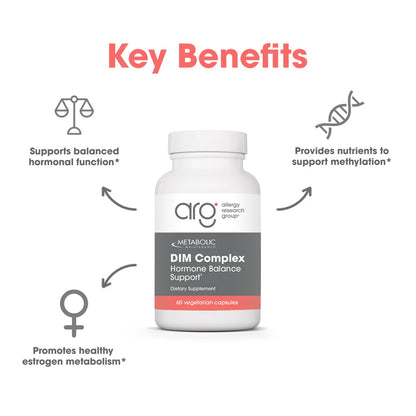 Supplement bottle labeled 'DIM Complex Hormone Balance Support' with key benefits on a white background