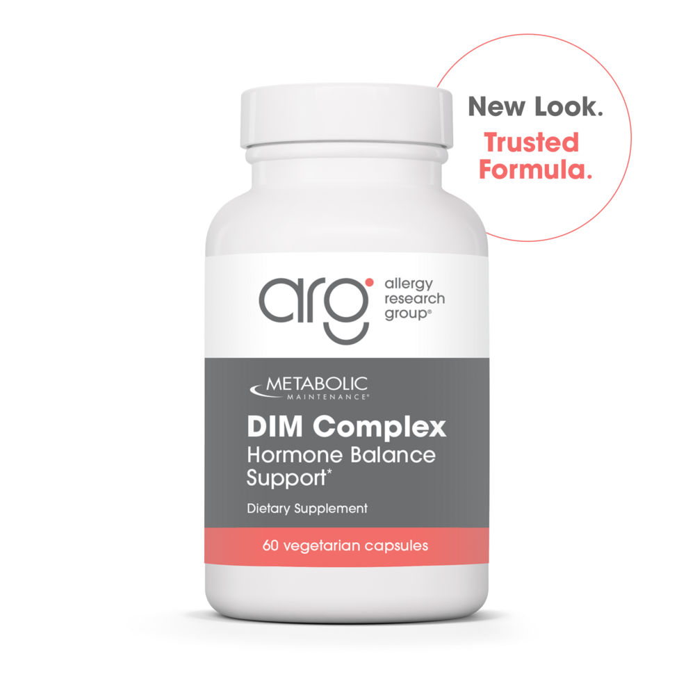 Supplement bottle labeled 'DIM Complex' by Allergy Research Group on a white background