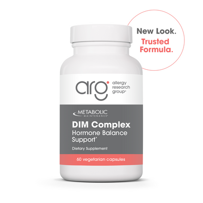 Supplement bottle labeled 'DIM Complex' by Allergy Research Group on a white background