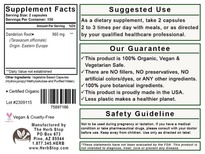 Dandelion Root Capsules Label - Back