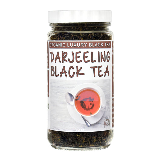 Jar of Darjeeling black tea with a label on a white background