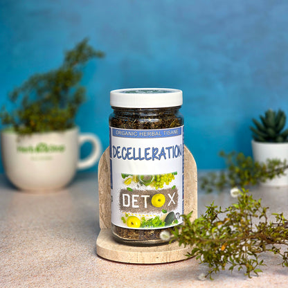 Jar labeled Decelleration Tea on a stand with chaparral leaf and a mug in the background.