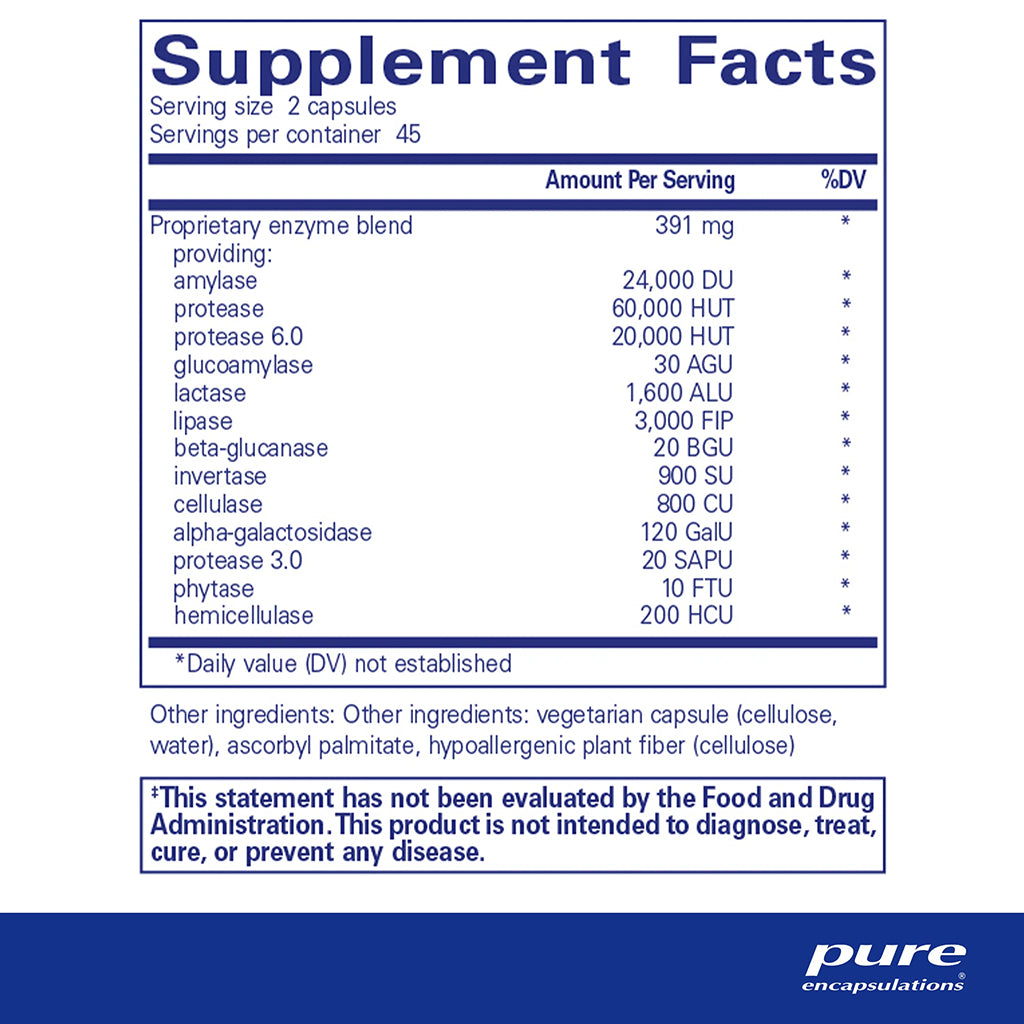 Supplement facts label for Digestive Enzymes Ultra with serving size and container details.