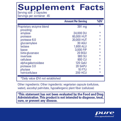 Supplement facts label for Digestive Enzymes Ultra with serving size and container details.