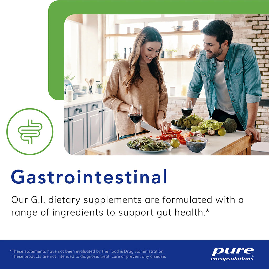 Man and woman preparing food in a kitchen with text about gastrointestinal dietary supplements.