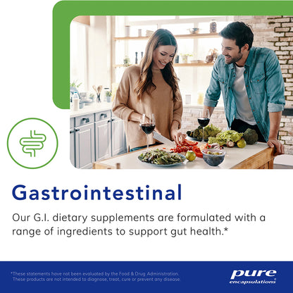 Man and woman preparing food in a kitchen with text about gastrointestinal dietary supplements.