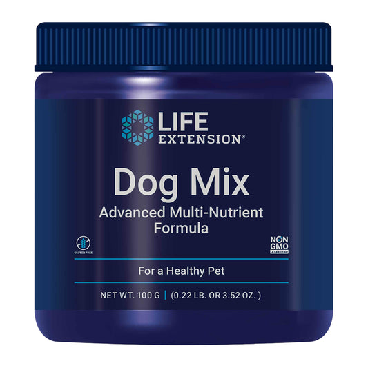 Blue jar of Life Extension Dog Mix on a white background