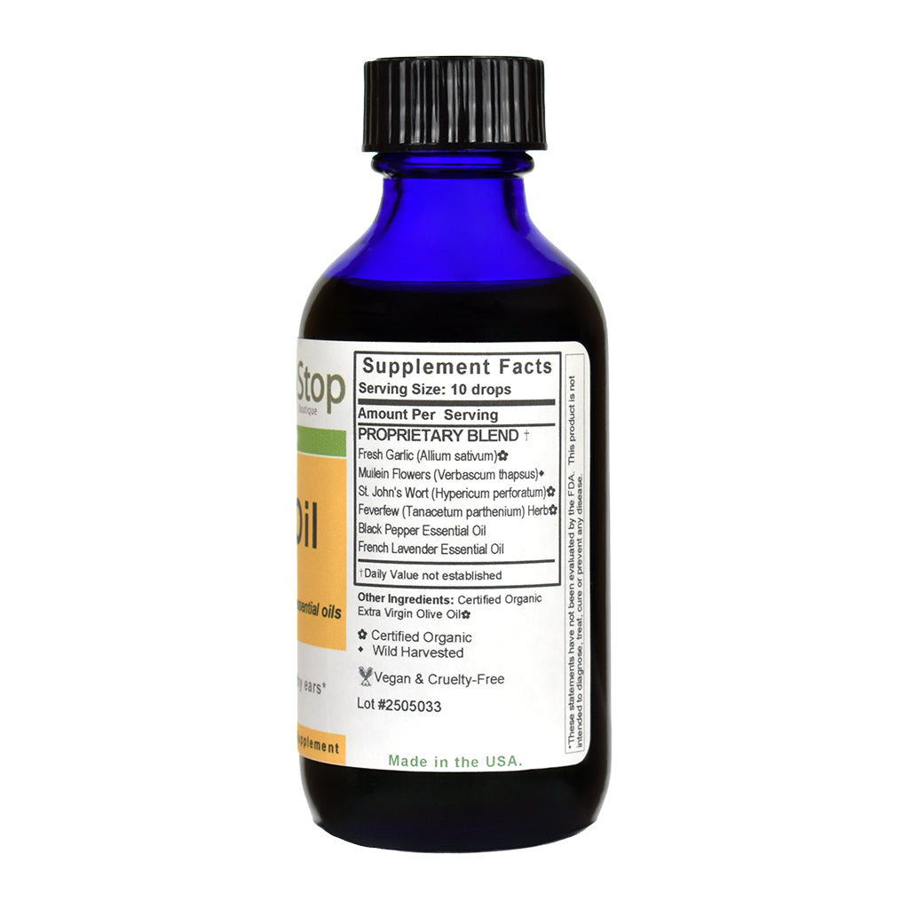 Bottle of Ear Oil with label on a white background