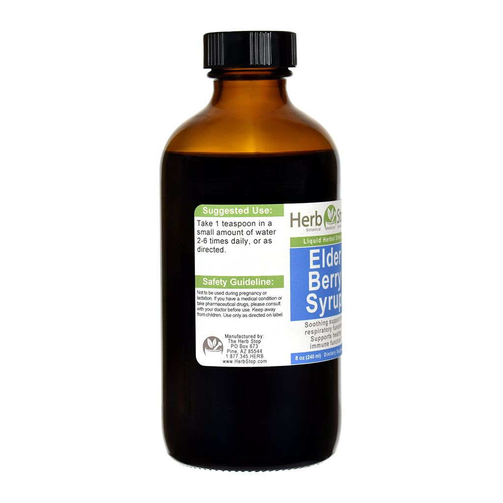 Bottle of Herb Stop Elder Berry Syrup with label on a white background