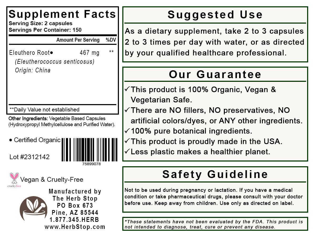 Eleuthero Root Capsules Label - Back