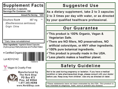 Eleuthero Root Capsules Label - Back