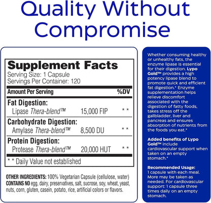 Enzymedica Lypo Gold Supplement Facts label with instructions.