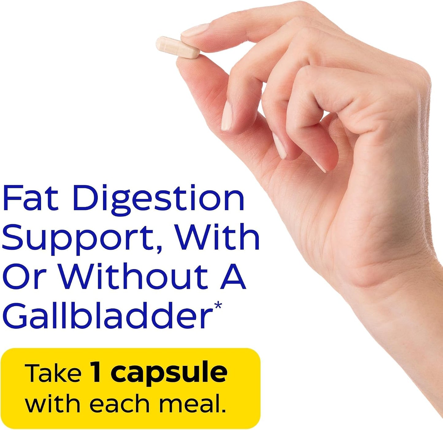 Enzymedica Lypo Gold for fat digestion support, with or without a bladder image with a hand holding a capsule