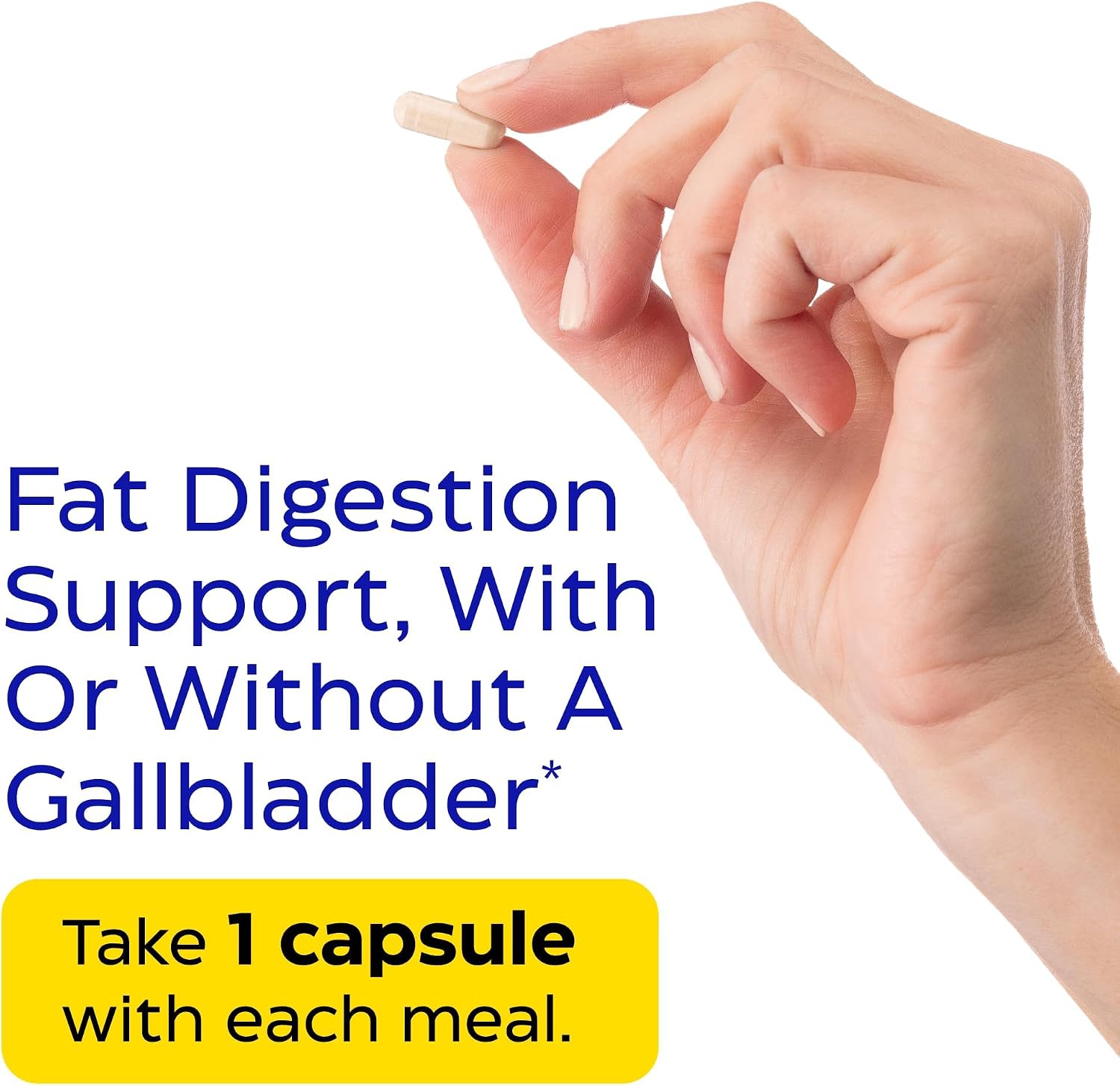 Enzymedica Lypo Gold for fat digestion support, with or without a bladder image with a hand holding a capsule