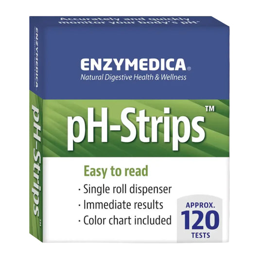 Box of Enzymedica pH-Strips with blue and green design on a white background