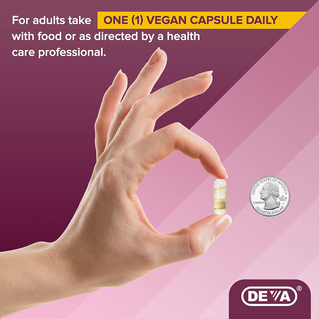 Hand holding a vegan capsule with Deva logo and text on a pink and purple background