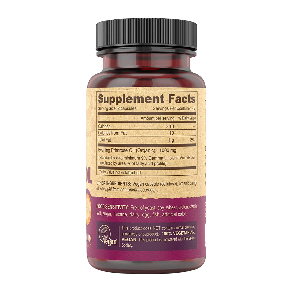 Evening Primrose Oil supplement bottle with label showing 'Supplement Facts' on a white background
