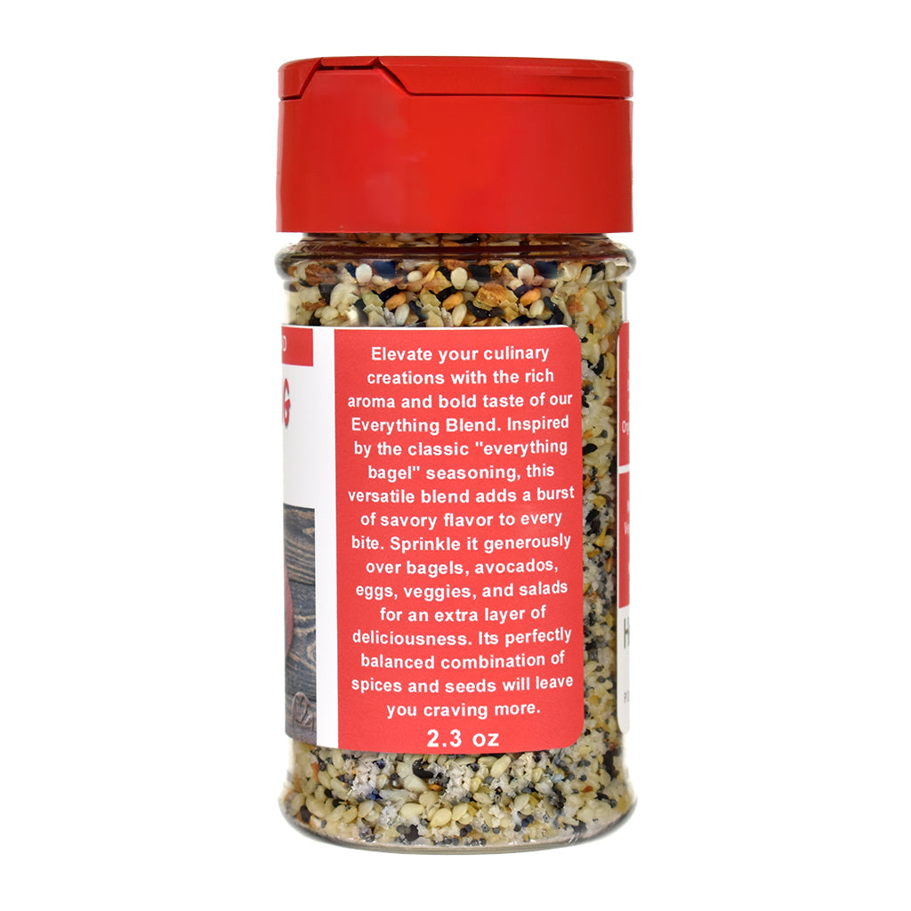 Organic Everything Blend spice jar with a red lid
