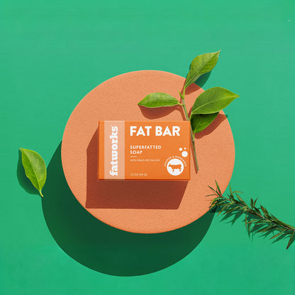 A bar of Fat Bar Superfatted Tallow Soap by Fatworks placed on a circular orange platform with green leaves around it.