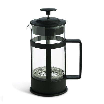 Black French press coffee maker on a white background