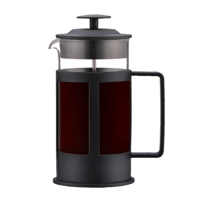 Black French press coffee maker on a white background