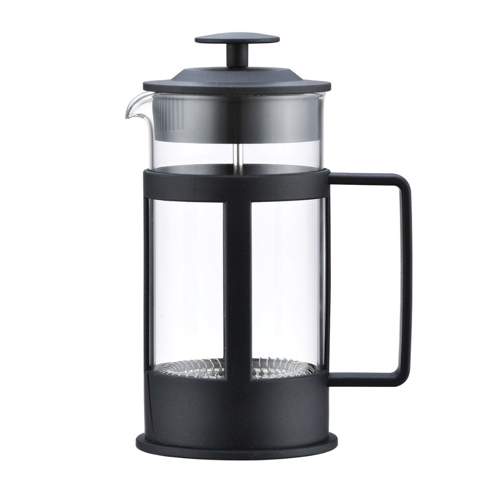 Black French press coffee maker on a white background