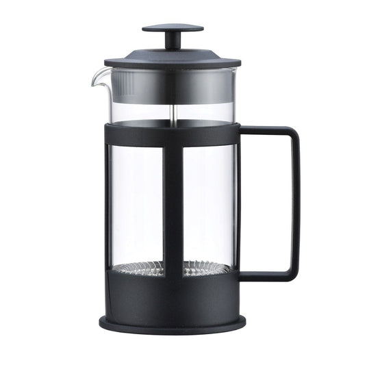 Black French press coffee maker on a white background
