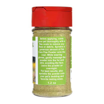 Flea & Tick Powder jar with a red lid and green label on a white background