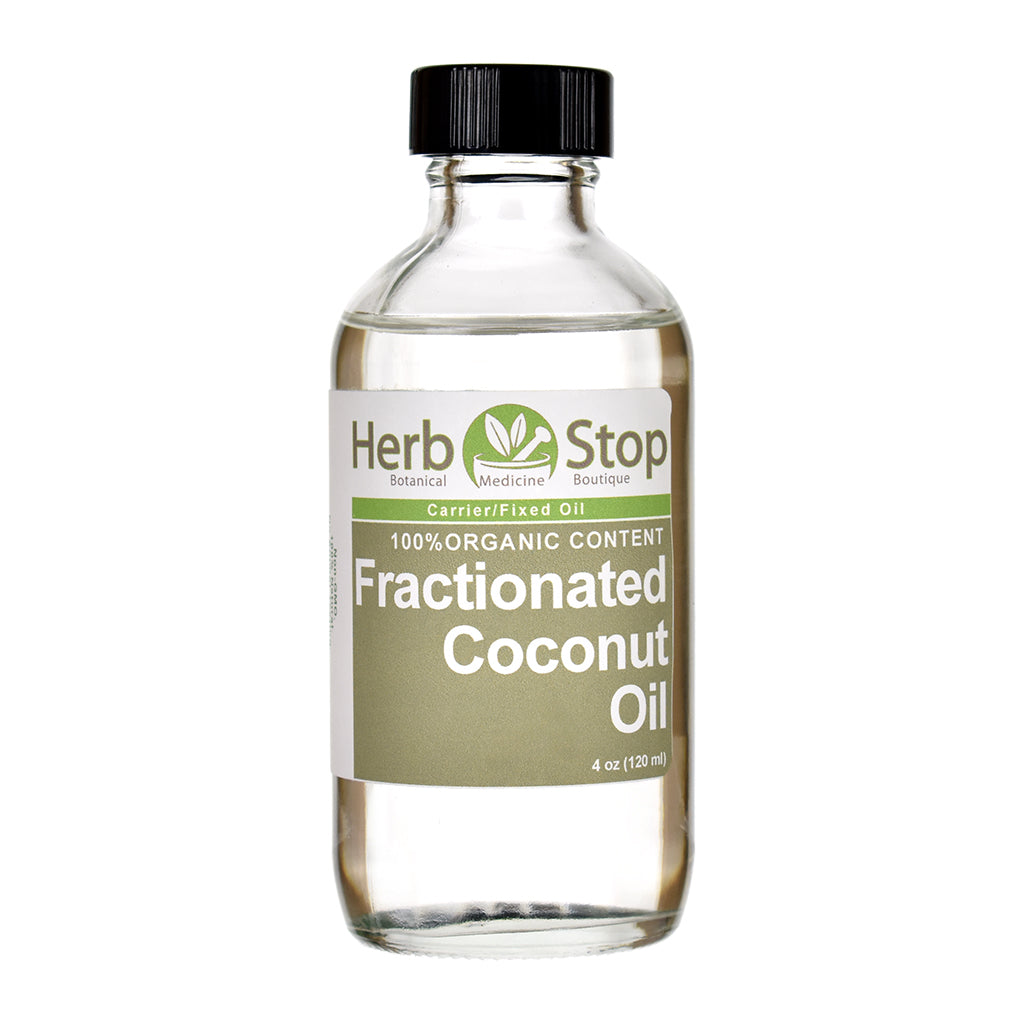 Bottle of Herb Stop Fractionated Coconut Oil on a white background