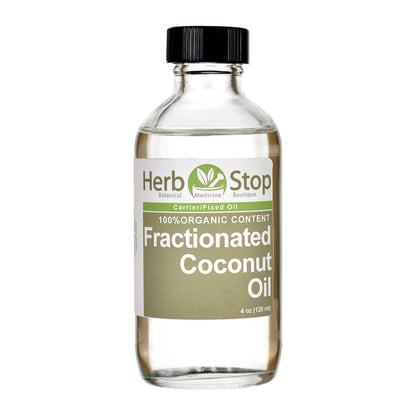 Bottle of Herb Stop Fractionated Coconut Oil on a white background