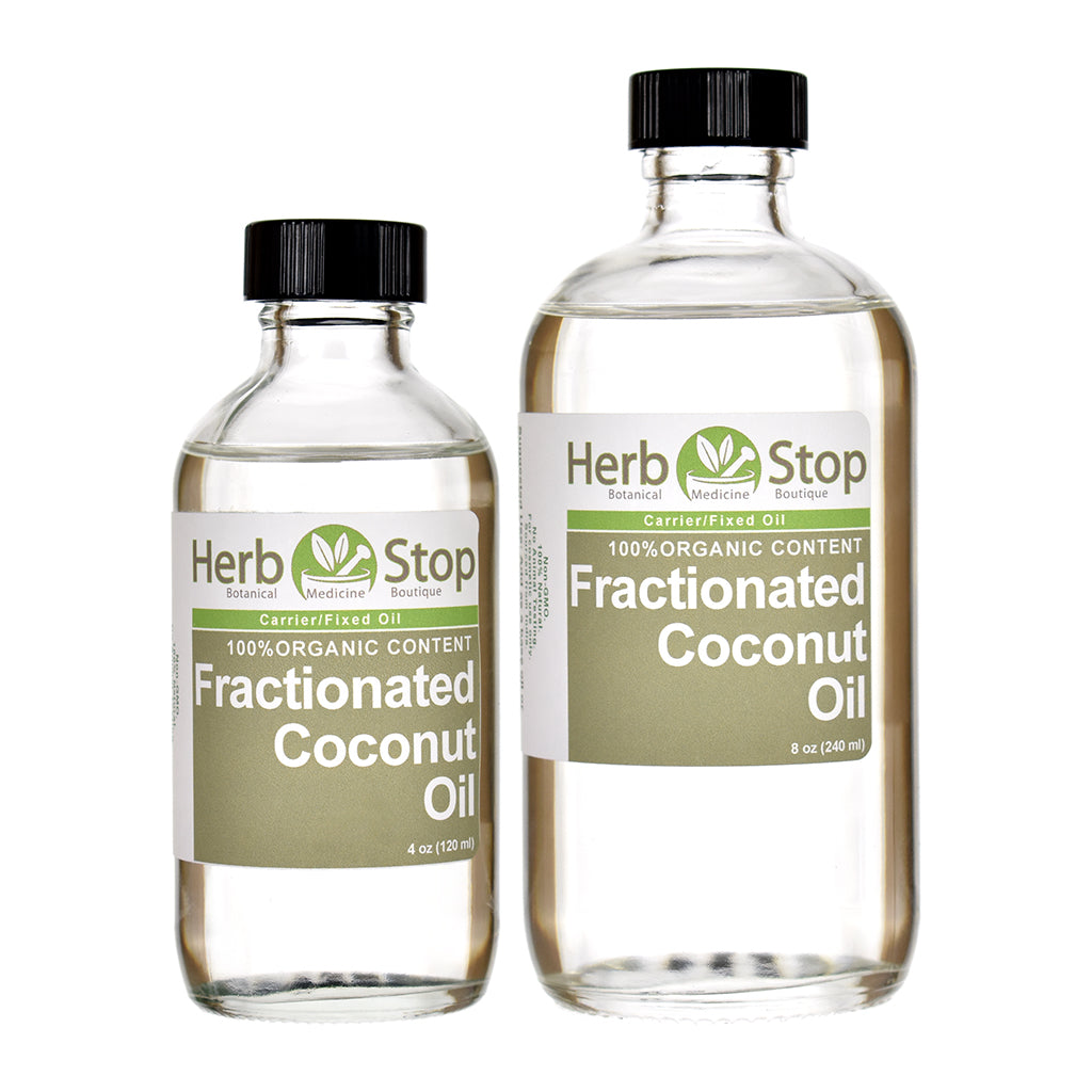 Two bottles of Herb Stop Fractionated Coconut Oil on a white background