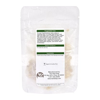 Frankincense Resin pieces in a white bag with suggested uses
