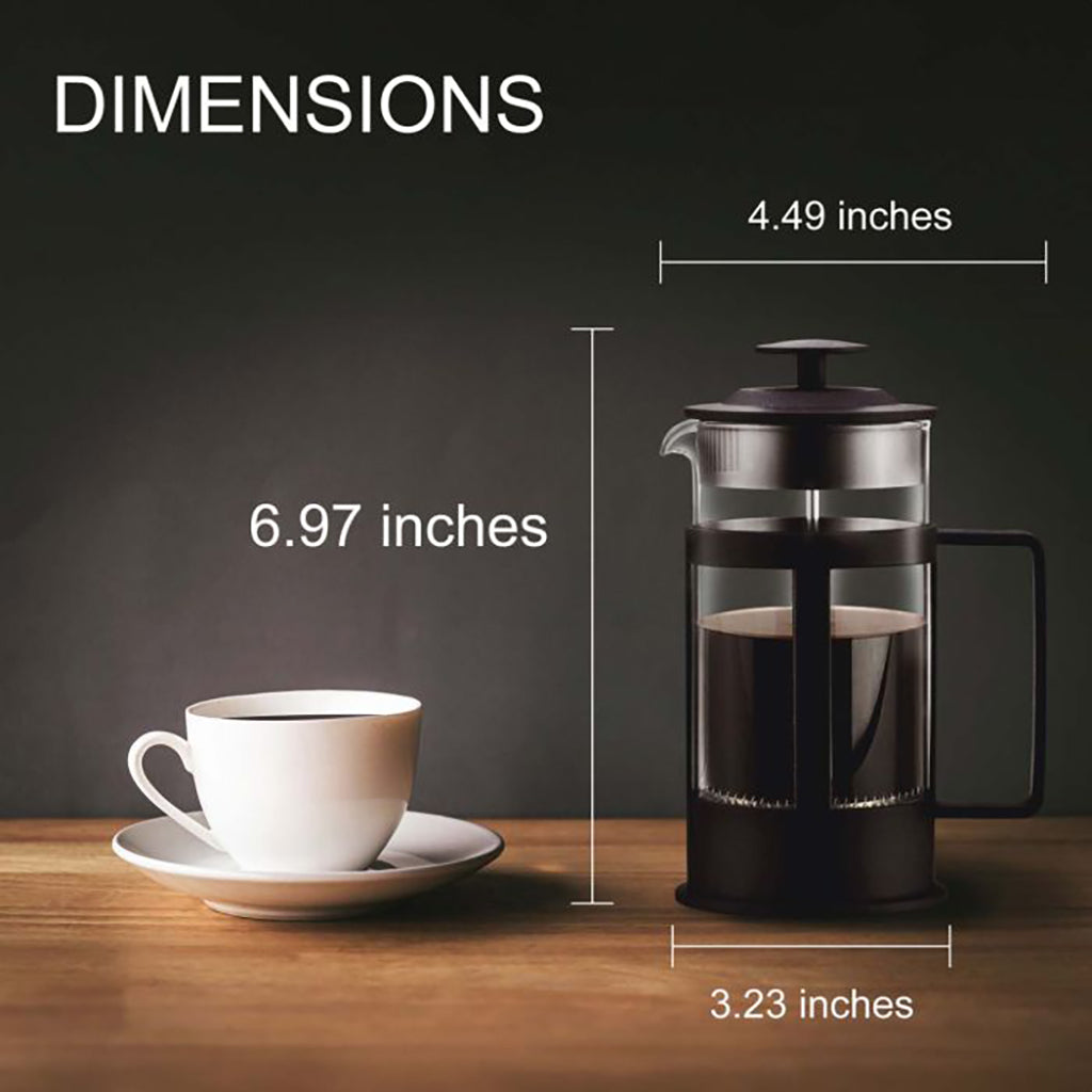 Measurement chart showing dimensions of a coffee cup, saucer, and French press on a wooden surface with a dark background.