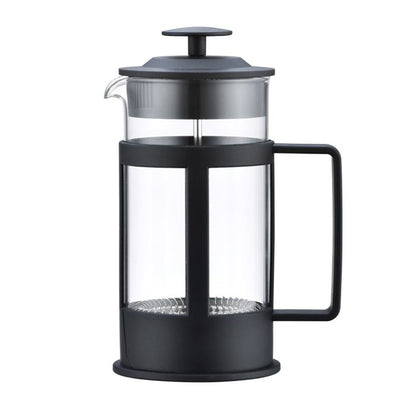Black and glass French press coffee and tea maker on a white background