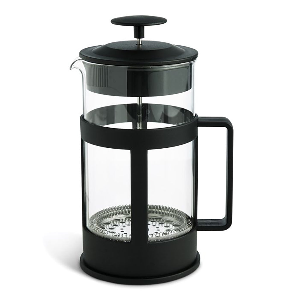 Black and glass French press coffee and tea maker on a white background