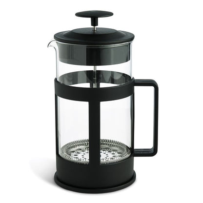 Black and glass French press coffee and tea maker on a white background