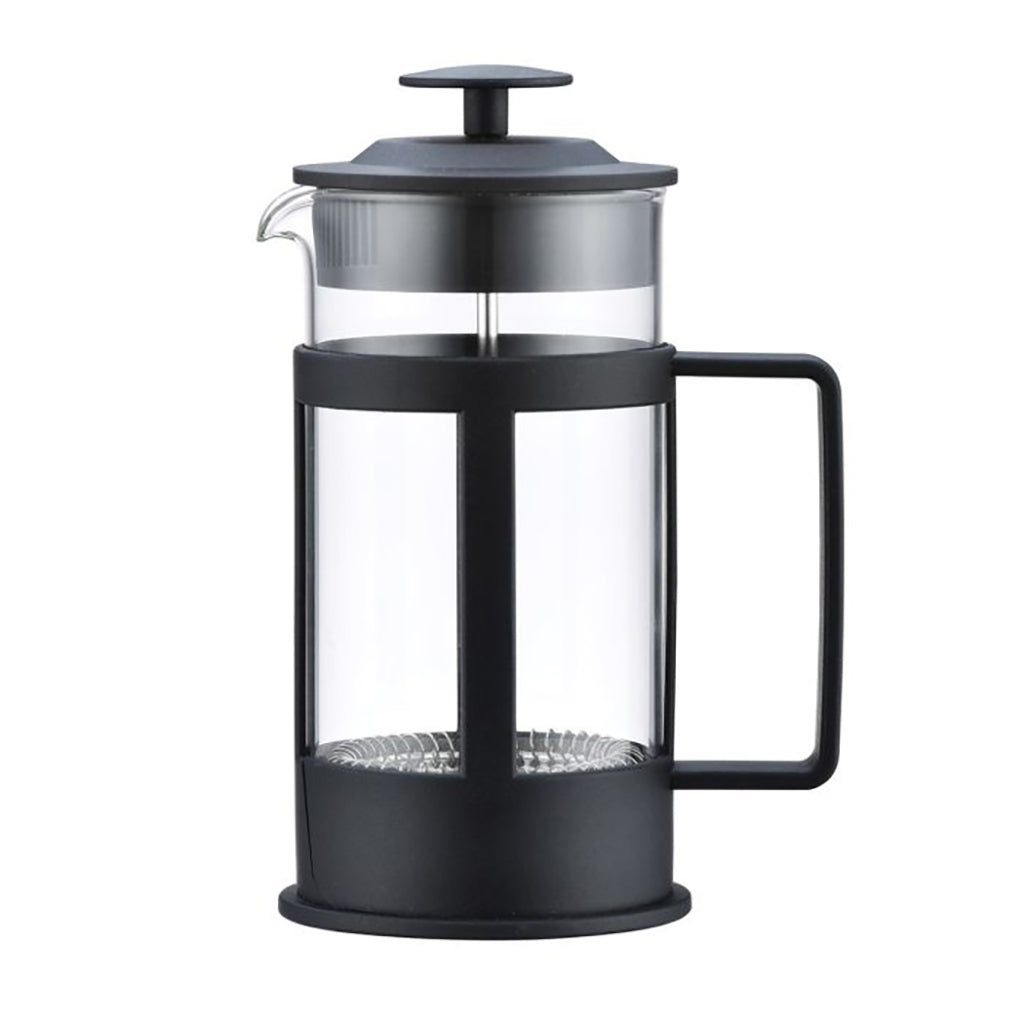 Black & glass French press on a white background