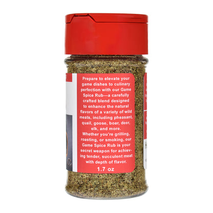 Game Spice Rub jar with red lid and label on a white background