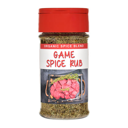 Game Spice Rub jar with red lid and label on a white background