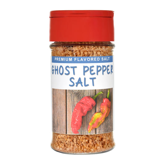 Jar of Ghost Pepper Salt with a red lid on a white background