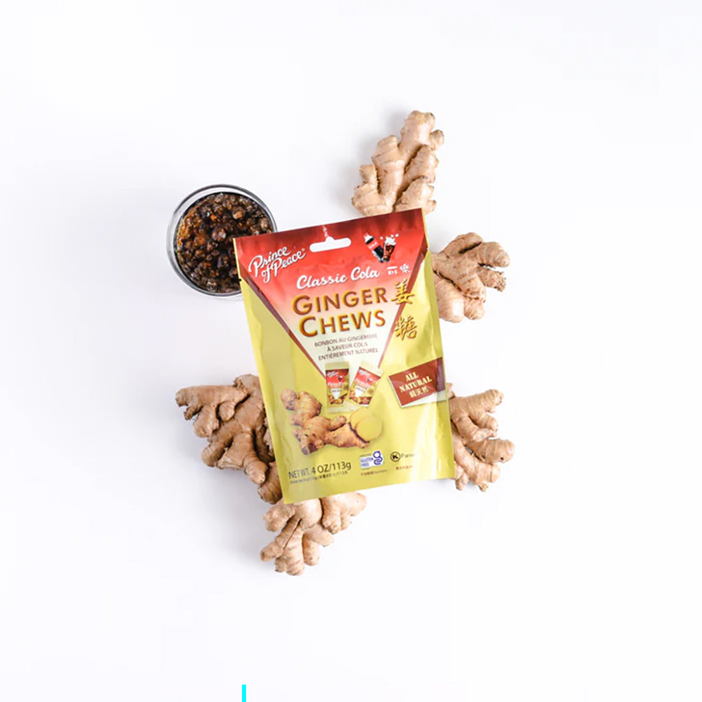 Prince of Peace Classic Cola Ginger Chews with cola drink
