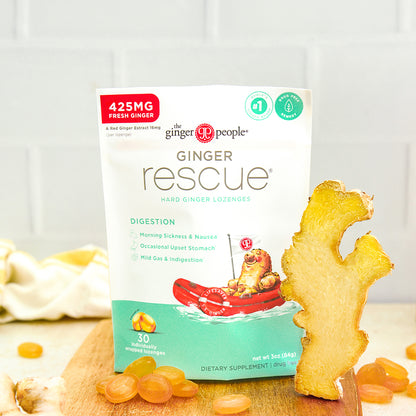 The Ginger People Ginger Rescue Hard Ginger Lozenges Bag with ginger root and candies