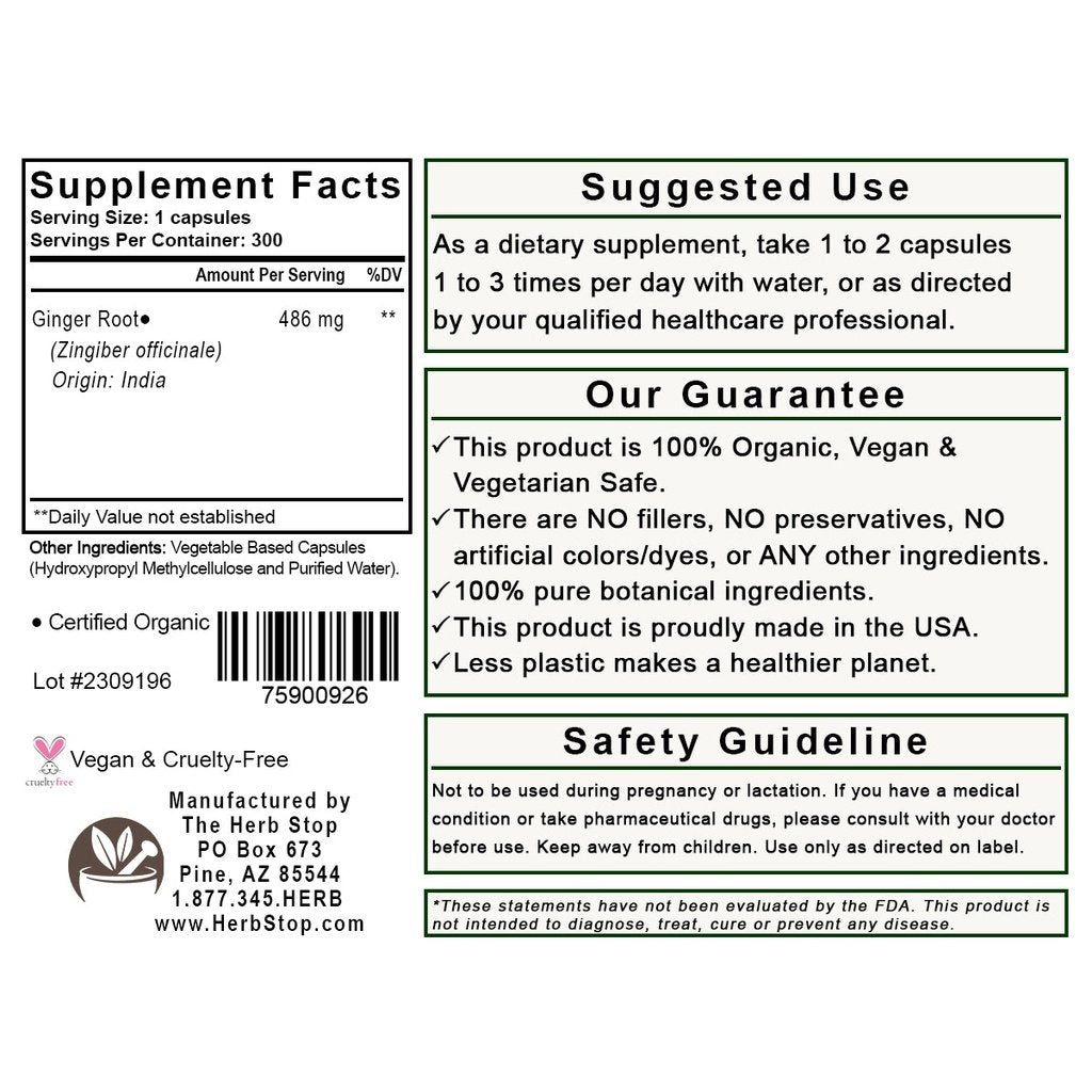 Ginger Root Capsules Label - Back